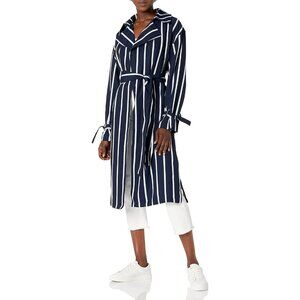 Rachel Roy Striped Trench Coat Plus Size 3X Tie Waist Navy Blue White Nautical